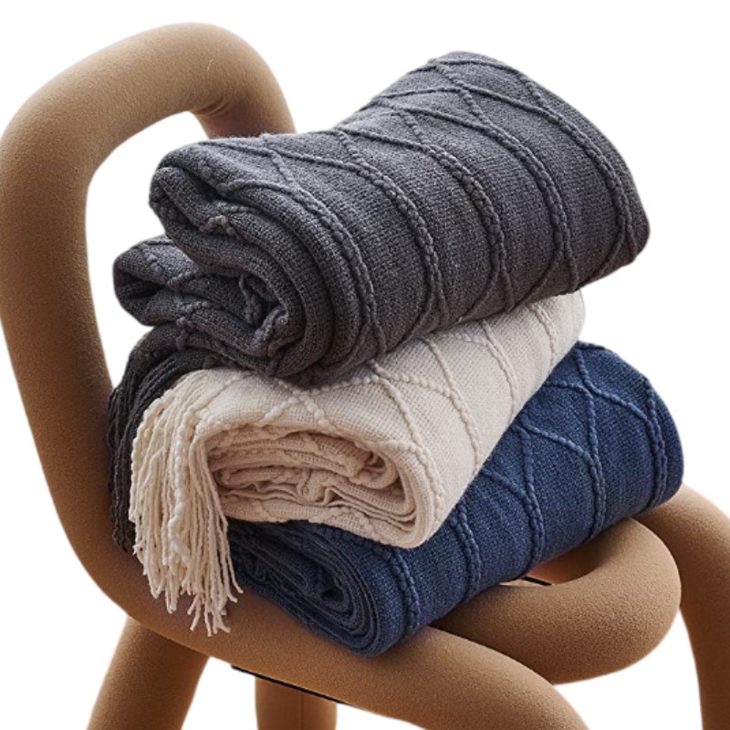 Vintage Khaki Grey Navy Tassel - đánh giá và giá Throw Blanket Chunky Knit